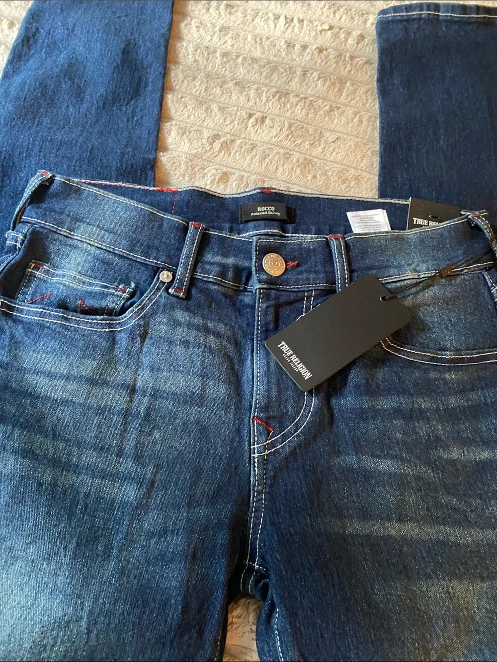 True Religion Men Blue Rocco SK Skinny Jeans with Red Stitching
